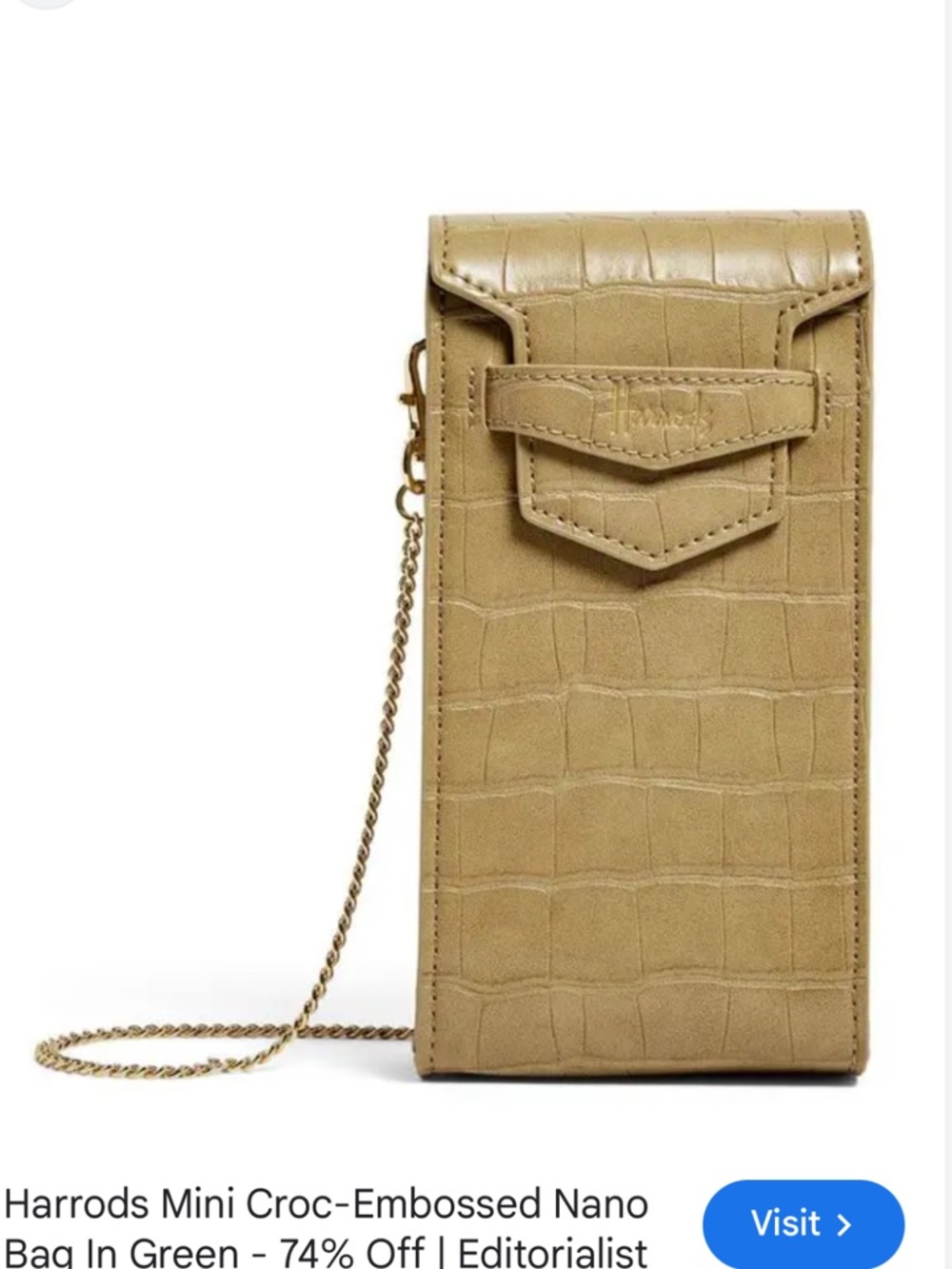Harrods Beige Croc-Embossed Crossbody Card Pouch with Gold Chain NWT